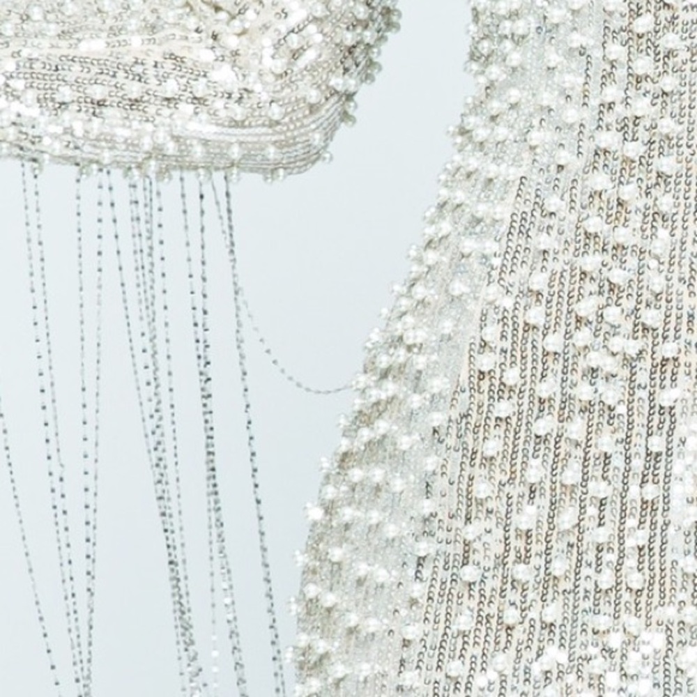 Hand Beaded Pearl Sequin Metallic Chain Long Sleeve Stunning Fancy Dress - Picture 5 of 11